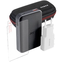Accessoires Vasco comprenant un film de protection en verre trempé, une batterie externe, un chargeur et un étui de protection pour le traducteur.