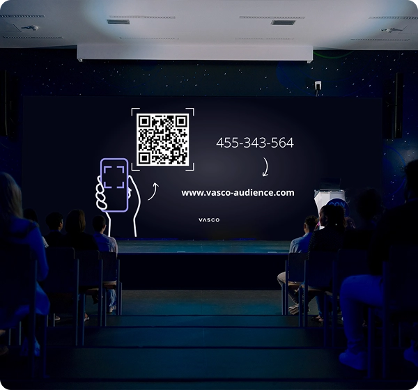 Vasco Audience – un écran de smartphone affichant un code QR permettant de rejoindre une session Vasco Audience, qui traduit en temps réel les réunions, les formations et les conférences dans plus de 50 langues.