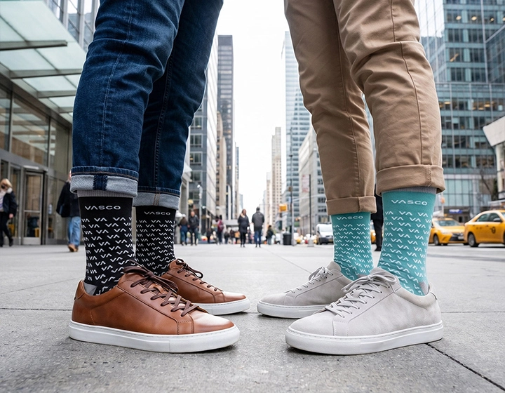 Deux voyageurs portant des chaussettes de la marque Vasco, de couleur bleu sarcelle et noir, se détendent avec leurs valises à la terrasse d'un café.